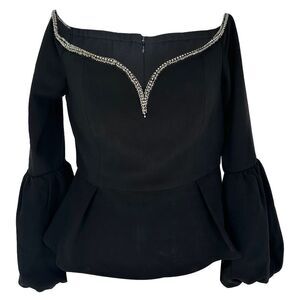Self-Portrait Crystal-Embellished Neckline Top in Black Polyester